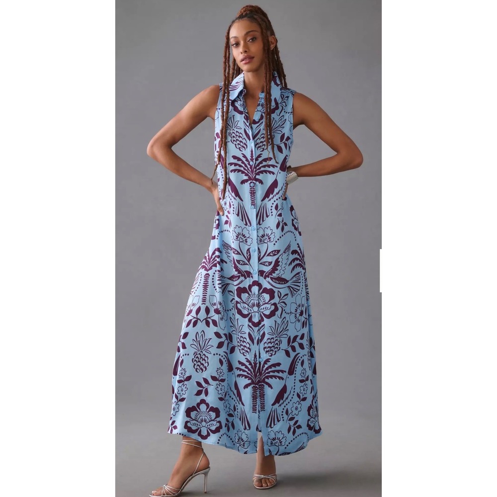 Corey Lynn Calter Anthropologie Tropical Maxi Shirt Dress Blue Purple Wn XL